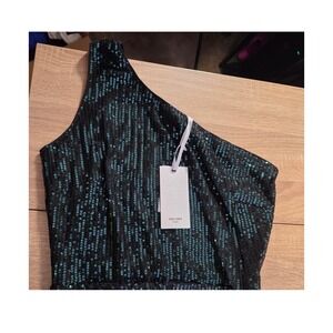 Grace Karin Womens One Shoulder Sequin Dress Teal Black Cocktail Wrap Hem Medium